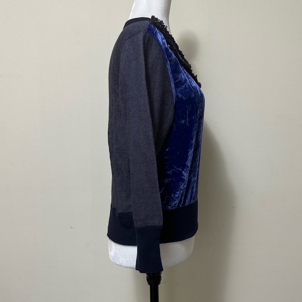 J Crew Black Label Blue Crush Velvet Beads Silver Tinsel Fringe Pullover Top S/M - Picture 9 of 15